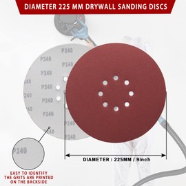 STEBRUAM 225 mm Sanding Discs 240 Grit, 30 Pieces Orbital Sander Discs 9 inch 225 mm large Hook and Loop Sanding Discs 8 Holes Round Sandpaper Sheet for Grinding Giraffe, Drywall Sander Sanding Pads