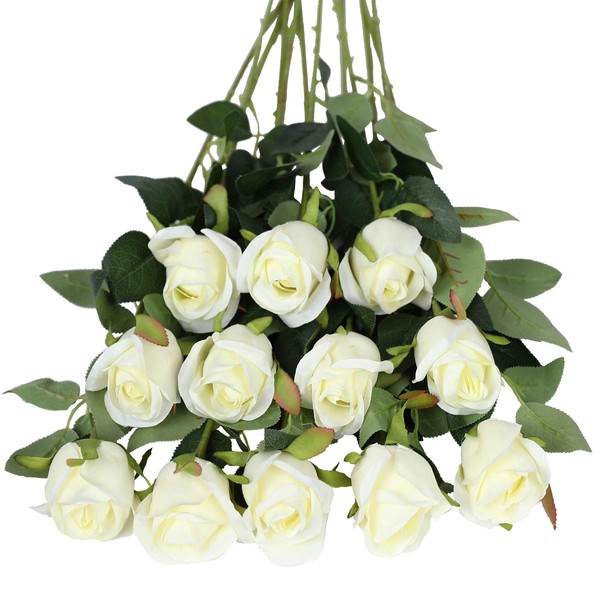 Tifuly Artificial Flowers,12 Pcs Single Long Stem Fake Rose Silk Flowers Faux Rose Bridal Bouquet Realistic Flower for Wedding Party Home Table Decoration Centerpieces(Bud Roses,White)