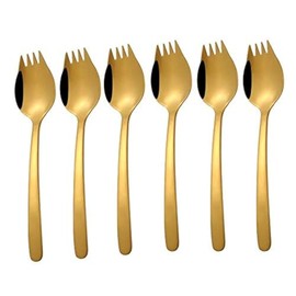 MBB 6-Pack Gold Sporks Spoon Forks Long Handle Stainless Steel for Fruit Appetizer Dessert Salad Forks Noodle Spoon 8.1 inch