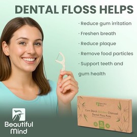 Beautiful Mind Púas de hilo dental ecológicas para limpieza de dientes, varillas de hilo dental biodegradables totalmente naturales, hilo de hilo de c