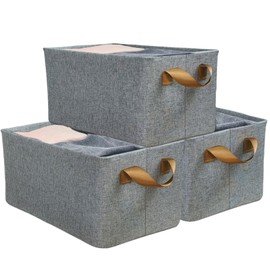 Fabric Storage Boxes, 3 pack Collapsible Storage Baskets for Shelves, 31×20×16 cm, Wardrobe Storage Organiser with Metal Frame, Foldable Cube Storage Unit Boxes for Clothes, Toys, Books,(Grey,Small)