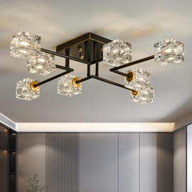 Qgiytp Modern 8-Light Semi Flush Mount Ceiling Light Fixture Black and Gold Chandelier Farmhouse Ceiling Lamp for Dining Room Bedroom Bathroom Entryway Hallway Stairway