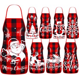 Kigeli 8 Pieces Christmas Kitchen Cooking Apron Adjustable Holiday Santa Claus Snowman Apron for Women Holiday Decoration(Plaid)