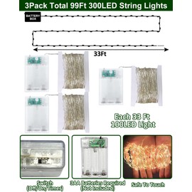 [ 3 Pack & Timer ] Christmas Lights Decorations Total 300LED 99Ft Copper String Fairy Lights Battery Operated Christmas Tree Lights Indoor Outdoor Home Bedroom Xmas Decor, 100LED 33Ft Each(Warm White)