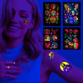 4 Sheets Glow in The Dark Temporary Tattoos Waterproof Neon UV Blacklight Body Face Flash Fake Tattoo Stickers Rave Party Supplies (Multicolor-1)