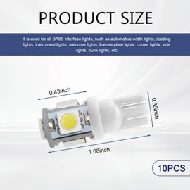 Zikefest 10PCS T10 Car LED Light Bulb, Wedge LED Bulb 5SMD 5050 Chips, 12V Dash Bulbs Replaces 194 158 168 193 198, Auto Interior Lights for Dome Map, Trunk, dashboard (White)