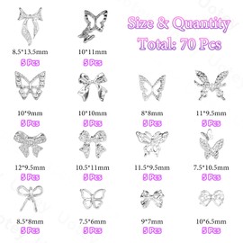 Uotey 70 Pcs Silver Butterfly Nail Charm, Multi Styles 3D Butterfly Nail Charms and Gems Bow Nails Charms, Silver Butterflies Bow Tie Alloy Charm for Acrylic Nails Art DIY Accessories