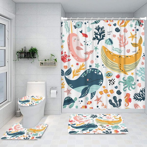 Ansouyi 4Pcs Bathroom Shower Curtain Sets with Non-Slip Rugs, Toilet