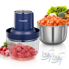 FOHERE Food Processors, Electric Food Chopper with Meat Grinder & Vegetable Chopper with 2 Bowls (8 Cup+7 Cup), 2 Sets of Bi-Level Blades for Fruits/Meat/Nuts/Baby Food, Blue