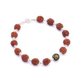 Black Silver Pure 925 Sterling Silver Om Rudraksha Bracelet/Rakhi With Flower Caps for Boys, Girls, Men & Women | Traditional Rakshabandhan Rakhi For Brother & Bhabhi, Sterling Silver, no gemstone