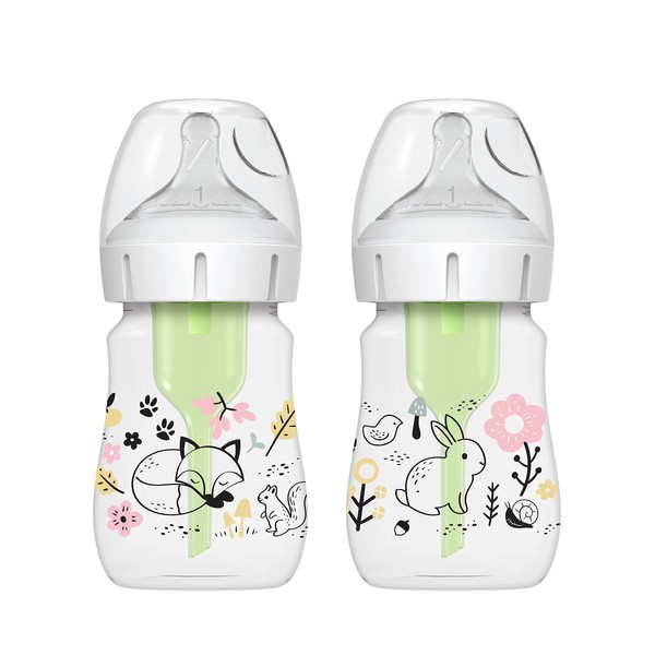Dr. Brown’s Natural Flow Anti-Colic Options+ Wide-Neck Baby Bottle Designer Edition Bottles, Woodland Decos, 5oz/150ml, Level 1 Teat, 2-Pack, 0m+