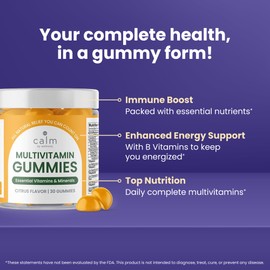 Calm by Wellness Multivitamin Gummies - All Natural Vegan Adult Multivitamin Gummy - Packed with Antioxidant Vitamins C & E, B12, B6, Folic Acid, Pantothenic Acid - Essential for Overall Health
