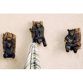Marco Set of Three Resin Black Bear and Tree Trunk Wall Hooks -Lodge Decor