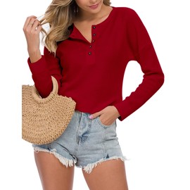 WNEEDU Women's Waffle Knit Tunic Tops Loose Long Sleeve Button Up V Neck Henley Shirts,Red 2XL