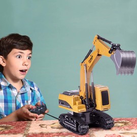 Highttoy Escavatore Radiocomandato per Bambini,Escavatore Ruspa Trattore Camion Giocattolo Bambino 3 4 5 6 7 8 Anni Regalo, Ruspa Telecomandato 6 Canali Scala 1:24 con LED e Suono