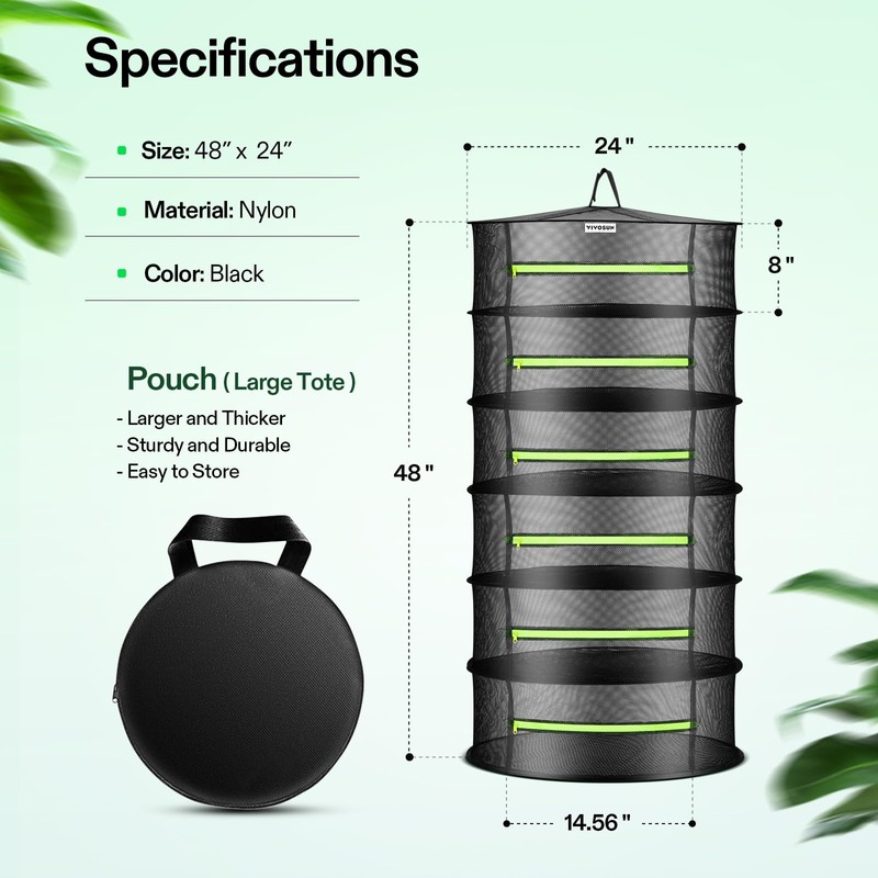 VIVOSUN 6-Layer Mesh Drying Rack Hanging Design with Green Zippers