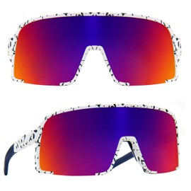 MAXJULI Polarized Sunglasses for Men Women, Windproof Outdoor Sports Cycling Running UV400 Protection Sun Glasses 8133 (White with Blue Splatter/Purple Lens)