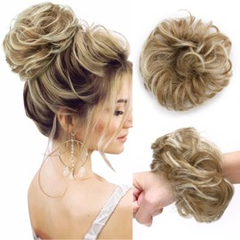 Hairro Hair Bun, Mixed Light Brown & Dirty Blonde Messy Curly Wavy Scrunchies Updo Hair Pieces Synthetic Fake Hair Bun Extensions for Women