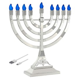 Zion Judaica 12" LED Chanukah Menorah with Flame Shaped LED Bulbs Electric Menorah USB Powered or Batteries Electronic Minorah - 4' Cable Included Hanukkah Battery Menorahs Silver