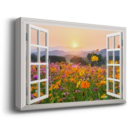 Renditions Gallery Flowers Wall Art Window View of Orange Wildflowes during Sunset Canvas Wall Hanging Prints for Bedroom Living Room Office Decor - 24"X36" LT03