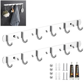 Pack of 2 Coat Hooks Wall 31 cm Stainless Steel Coat Rack with 6 Hooks Wall Coat Hooks for Clothes, Jackets, Bags, Hats, for Bedroom, Closet, Bathroom, Kitchen