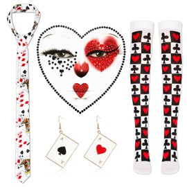 HOWAF Carnival Costume Women's Magician Tie Poker Cards Tie Porker Cards Earrings Casino Party Costume Jewellery, Porker Cards Hold-Up Stockings, Queens of Hearts for Fancy Dress Costumes