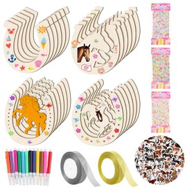 VEGCOO Horseshoe Wood, 71-Piece Wooden Horseshoe Set Including DIY Horseshoe Wood Chips Watercolour Pencils Acrylic Rhinestone Sticker Horse Sticker Ribbons for DIY Party Painting