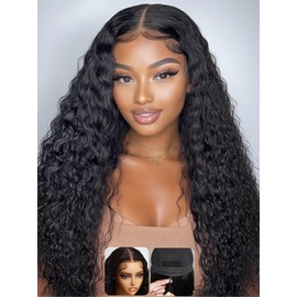 KLAIYI Water Wave Bye Bye Knots Glueless Wig Human Hair 7x5Precut Lace Front Pre Plucked Bleached Wear and Go Wig with Curly Baby Hair Drawstring 3S Ready to Go Pre Everything Beginner Friendly 20Inch
