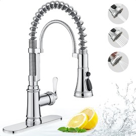 HOIGY Chrome Kitchen Sink Faucet with Sprayer, 3-Function Single Hole Kitchen Faucets 3 Hole, Single Handle Modern Kitchen Faucet, 360 Degree Swivel Spring Faucet for Kitchen Sink with Deck Plate