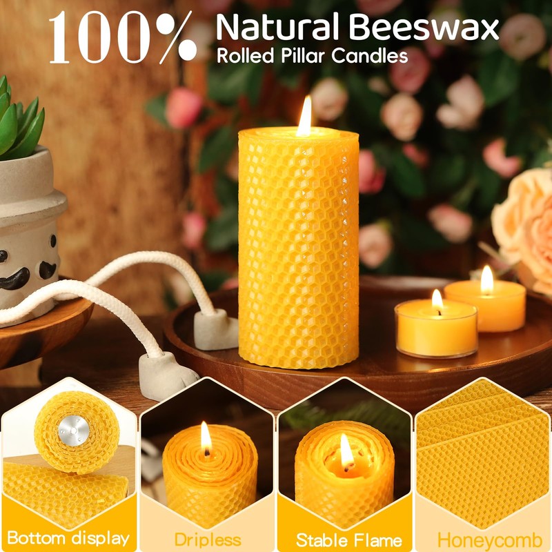 3 Pack Natural Beeswax Pillar Candles,Handmade Pure Beeswax Rolled Candle-60