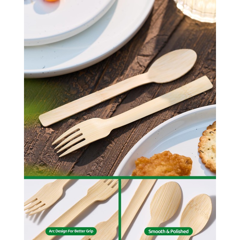 100% Bamboo Disposable Cutlery Set - 120 Mix (60 Forks,60