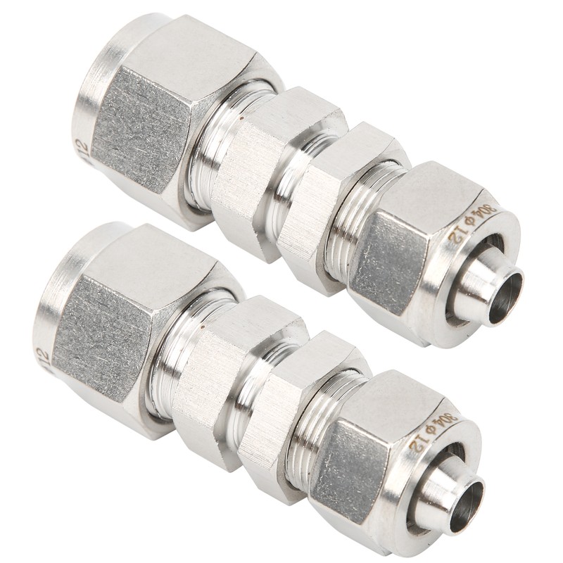 2Pcs Ferrule Compression Fitting Bulkhead Connector 2‑Touch Straight 304 Stainless