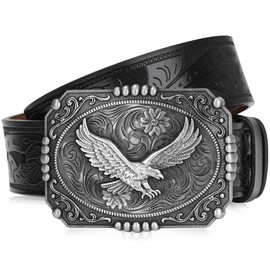 BISON DENIM Men's Western cowboy belt Classic Double embossed leather belts with Printed Engraved Buckle