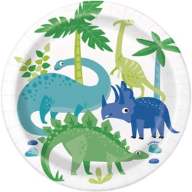 Unique 73884 Prehistoric Dinosaur Round Dessert Plates | 7” | 8 Pcs, Multicolour, 18 Centimeters