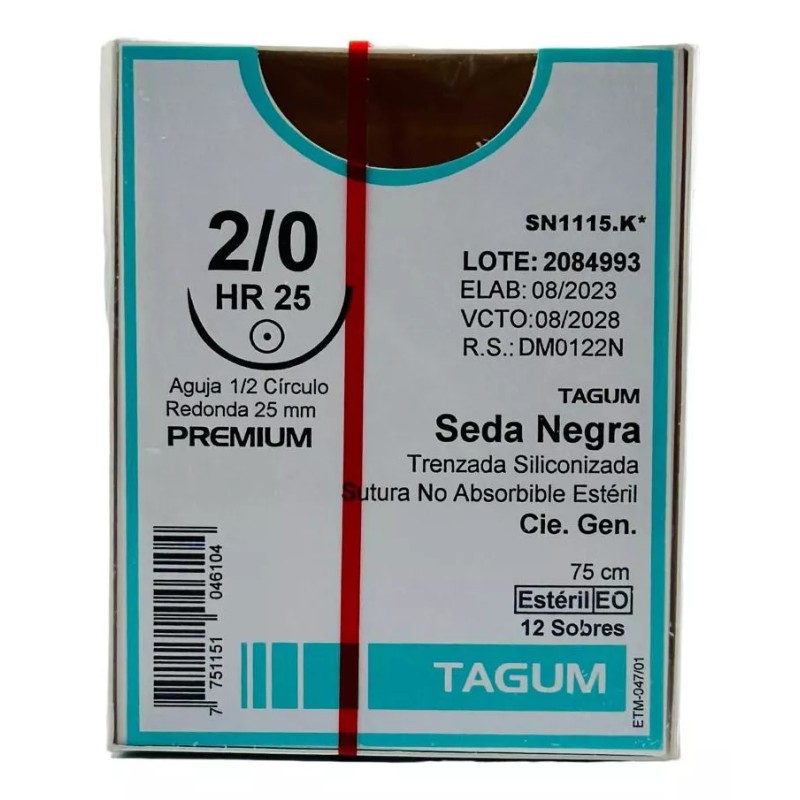 TAGUM MEDICAL Sutura Seda Negra 2-0 Aguja 1/2 Circulo 25mm