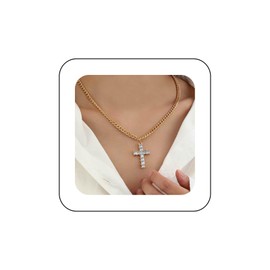 Yienate Boho Crystal Cross Necklace Choker Vintage Rhinestone Cross Pendant Necklace Statement Cross Charm Gold Chunky Chain Necklace Minimalist Faith Crucifix Necklace Jewellery for Women, Zinc, No