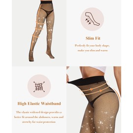 RISSCAN Fleece Lined Tights for Women Opaque Warm Control Top Pantyhose Thermal leggings Stirrup Footed Tights for Winter(250g Sparkly Fleece Lined Fishnet Footed,L)