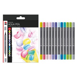 Marabu 0145000000105 Aqua Pen Graphix, Ice Ice Baby, Watercolour Felt Pens in Set with 12 Colours, Brilliant Shades, Water-Based Ink, with Double Tip, Watercolour Can be Watercolour on Watercolour