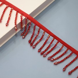 Yalulu 2 Yards Handmade Beaded Hanging Tassel Fringe Trim, Crystal Beads Tassel Fringing Trimmings for Sewing Craft Clothing Accessories (Red)