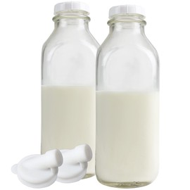 The Dairy Shoppe 1 Ltr. (33.8 oz.) Glass Milk Bottle Vintage Style with Cap & NEW Silicone Pour Spouts! (2 Pack)