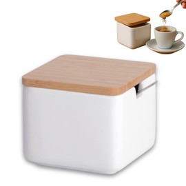 KOOK TIME Ceramic Sugar Bowl with Bamboo Spoon and Lid - Sugar Spoon for Home and Kitchen, Modern Ball Shape for Sugar, Cheese, Spices, 10 x 10 x 9 cm (White Square)