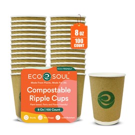 ECO SOUL 8Oz Compostable Ripple Cups (100 Pack) – Biodegradable Paper Cups, Non-Toxic Disposable Cups For Hot Drinks, To-Go Coffee Cups, Eco-Friendly & Ripple Paper Cups