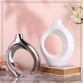 oliruim White Ceramic Vase Set of 2, White and Silver Round Donut Ceramic Decorative Vase for Living Room Decor, Bookshelf, Mantel, Dining Table Centerpiece Decor (White Silver)