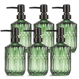 6 Pack Glass Soap Dispenser with Pump 15.2 oz Refillable Liquid Hand Soap Dish Soap Dispensers Vintage Soap Dispenser Liquid Bottle for Kitchen Sink Bathroom Counter(Green,Black Pump Head)