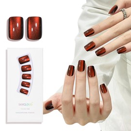 Orange Red Cat Eyes Press On Nails,12 Sizes-24 Pcs Soft Gel Orange Red Medium Square Fake Nails Kit with Nail Glue, Natural Reusable Stick On False Nails for Women and Girls (Skycloud Nails) SK0929