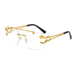 Retro Rimless Large Square Sunglasses Women Men Luxury Shades Frameless Square Tinted Glasses (Golden/Transparent)