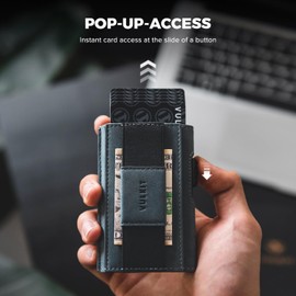 VULKIT Leather Slim Wallet with ID Window and Money Clip, Inner Automatic Pop-Up Aluminium Credit Card Holder, RFID/NFC Blocker Wallet, navy, Minimalist