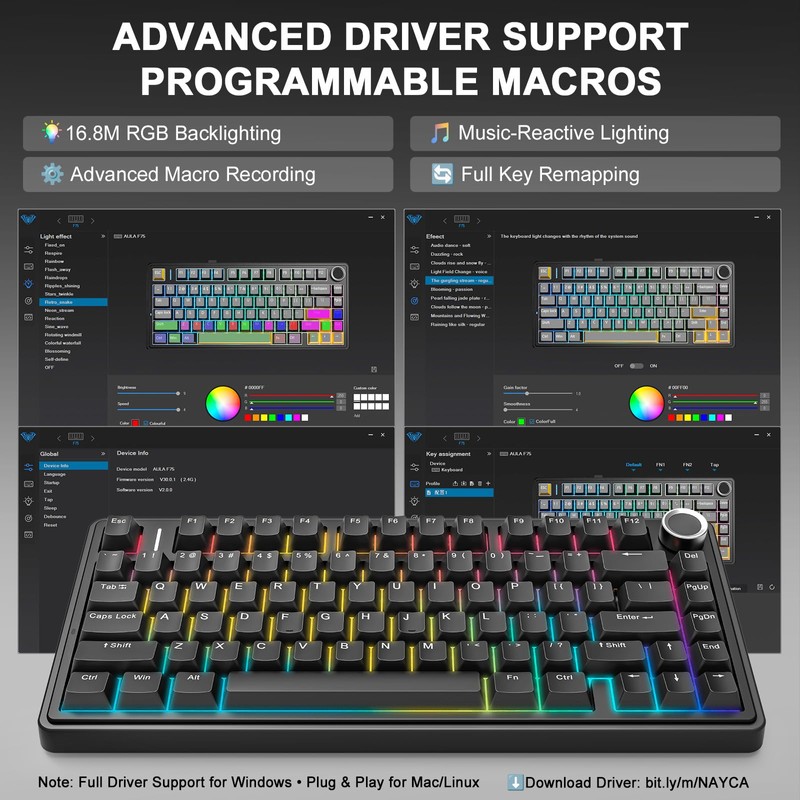 Aula F75 75% Wireless Mechanical Keyboard, Gasket Mount Hot Swappable