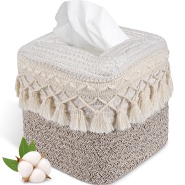 Natural Boho Tissue Box Cover: Handwoven Square Holder with Tassel for Bathroom, Table & Kitchen – Open-Bottom Design Decorative Cover for Home, Office & Farmhouse Decor