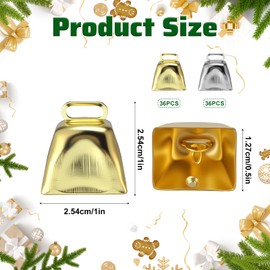 72 Pack Mini Cow Bells for Crafts Christmas Small Cowbells with Hooks Decoration for Birthday Wedding Party Christmas Dog Cat Decor (Gold & Silver)